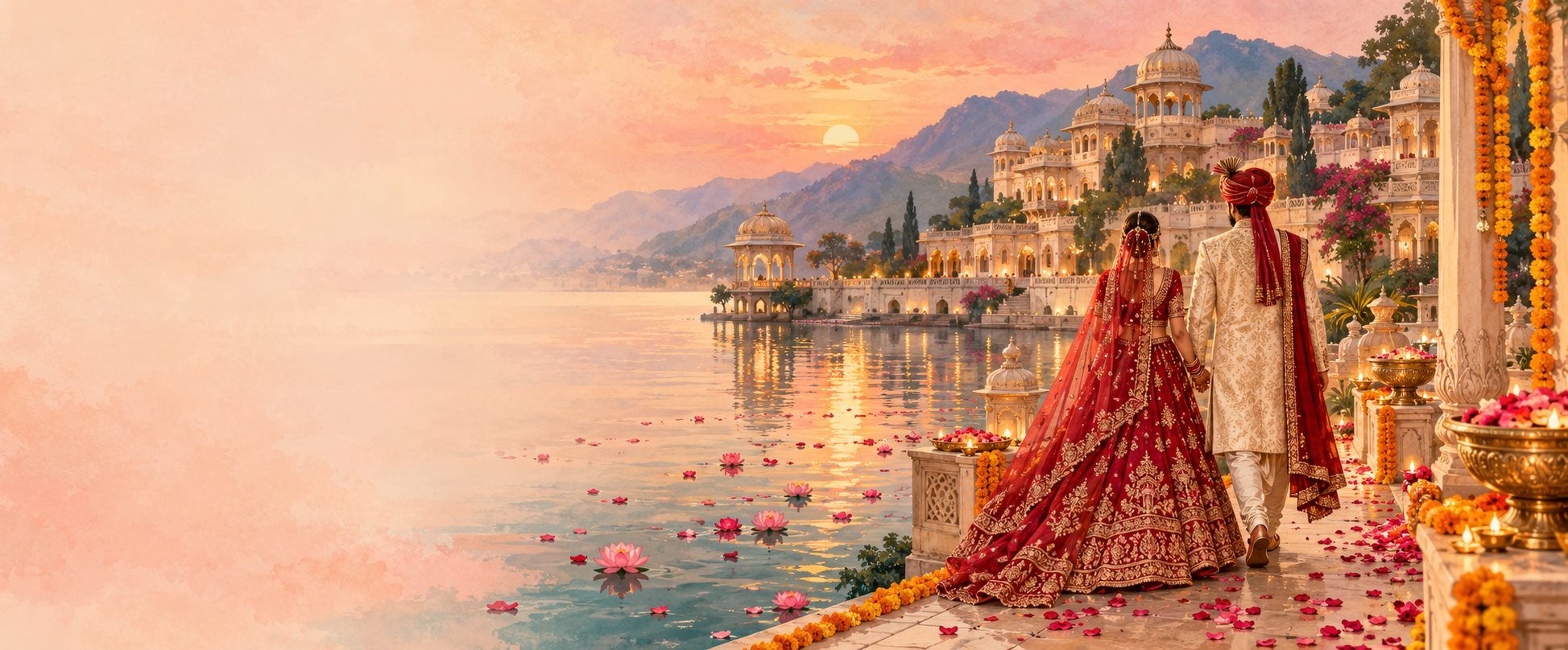 A newlywed couple walking together toward a palace at sunset